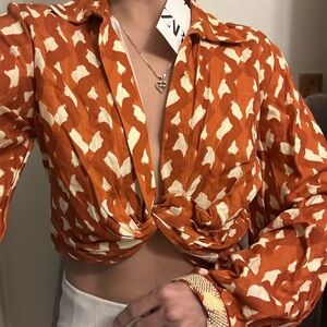 Zara Relaxed Crop Blouse in Brown and Orange with Notched Collar